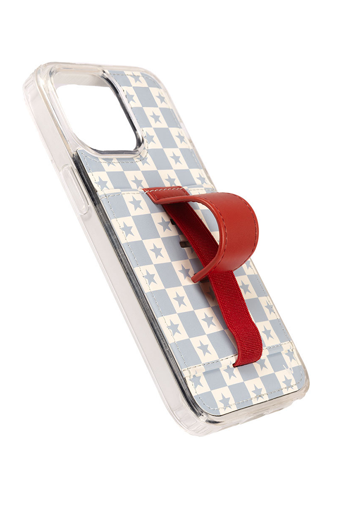 a phone case with a red strap