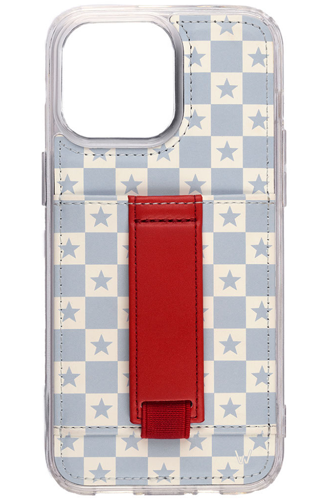 a phone case with a red strap