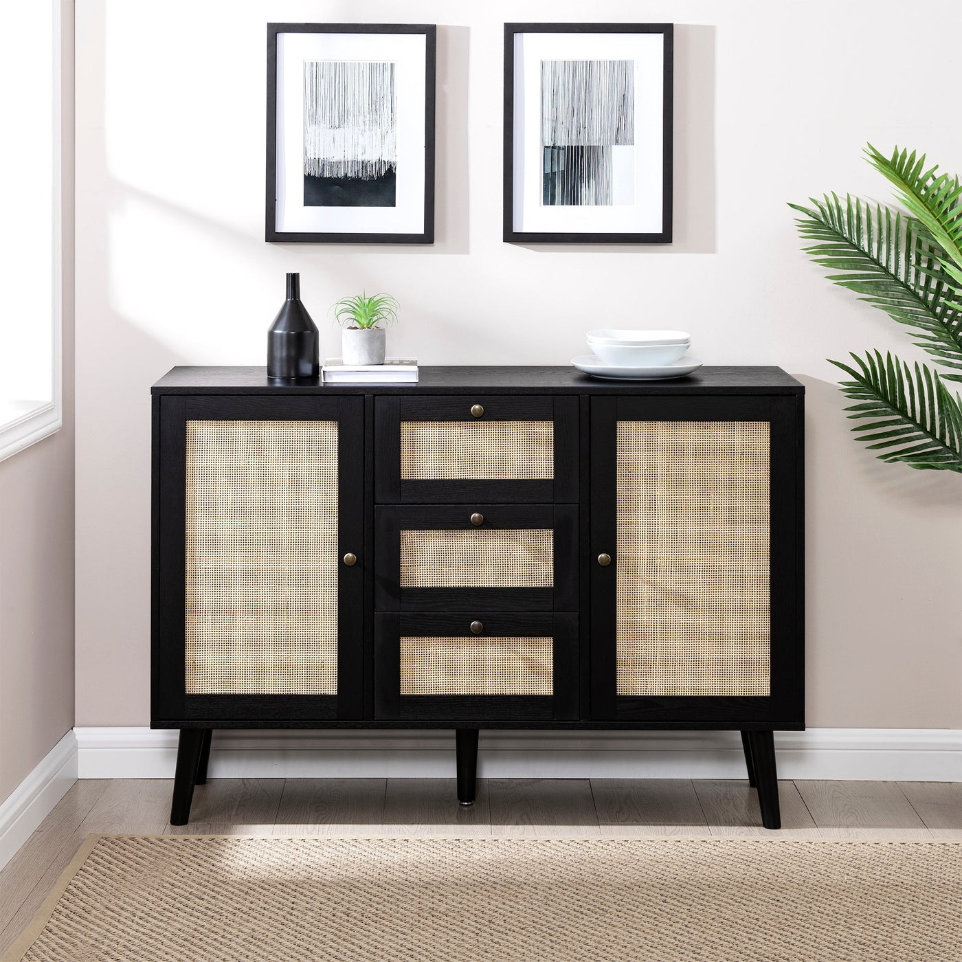 Boho 3 Drawer Solid Wood and Rattan Sideboard