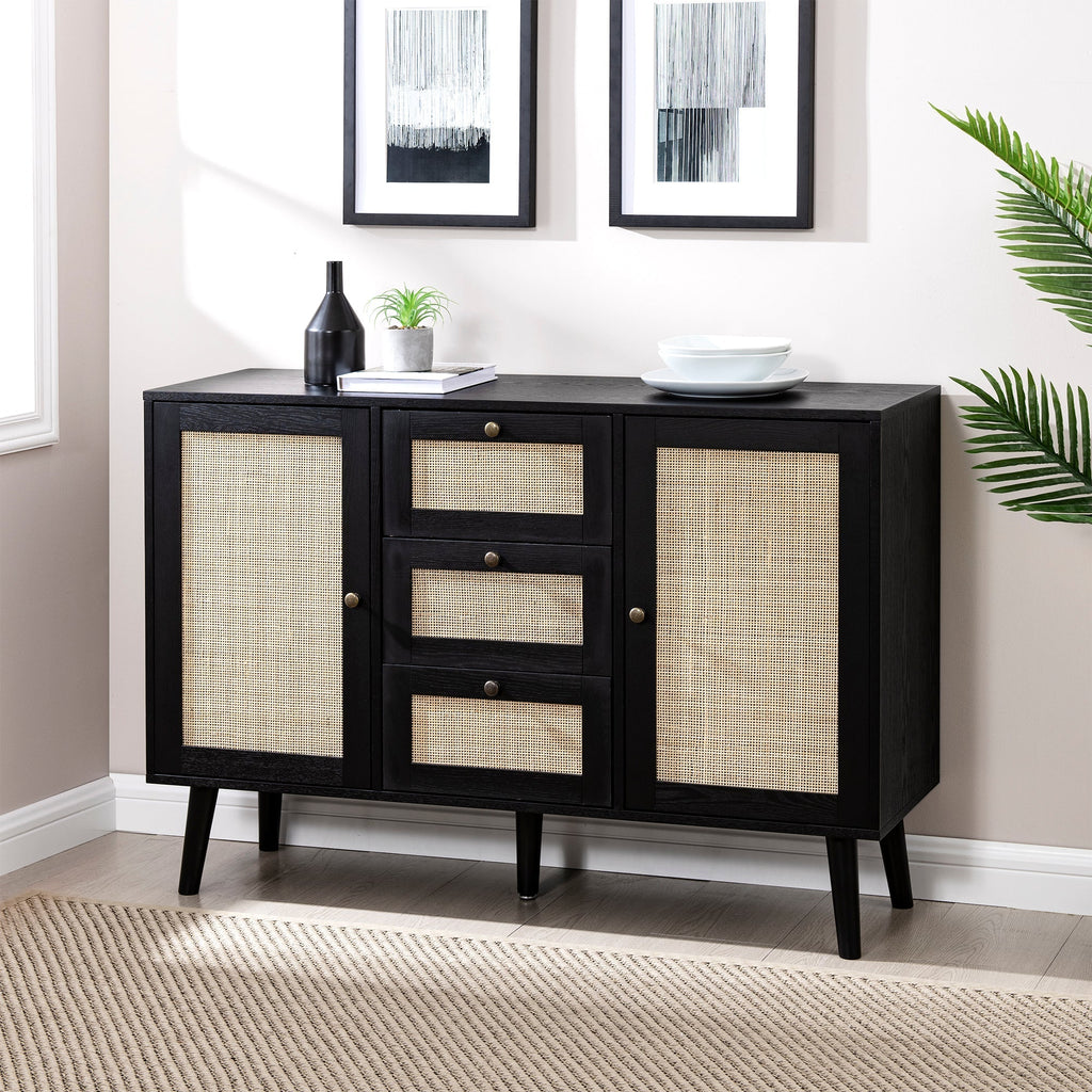 Boho 3 Drawer Solid Wood and Rattan Sideboard