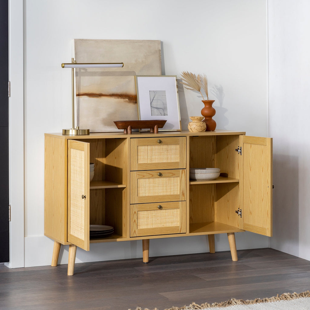 Boho 3 Drawer Solid Wood and Rattan Sideboard