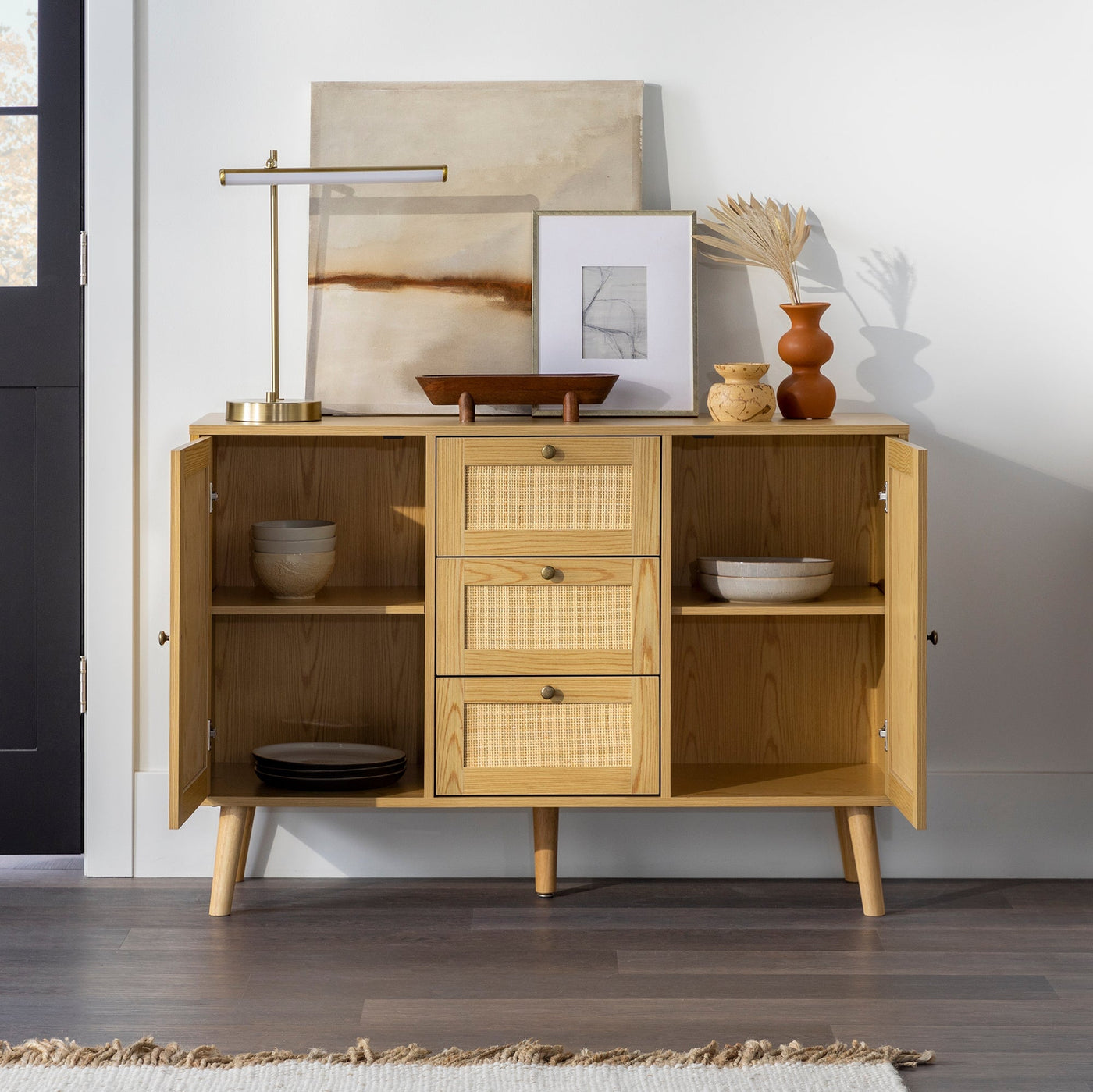 Boho 3 Drawer Solid Wood and Rattan Sideboard