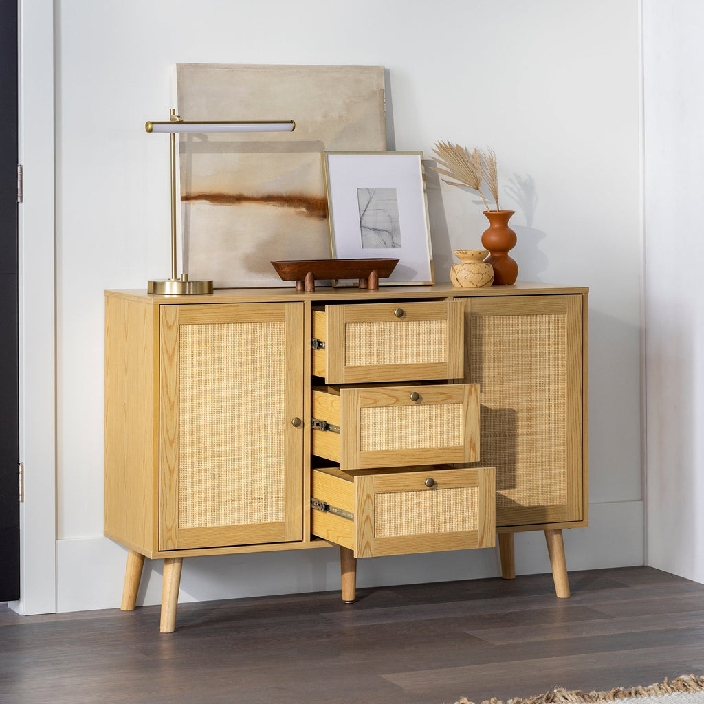 Boho 3 Drawer Solid Wood and Rattan Sideboard