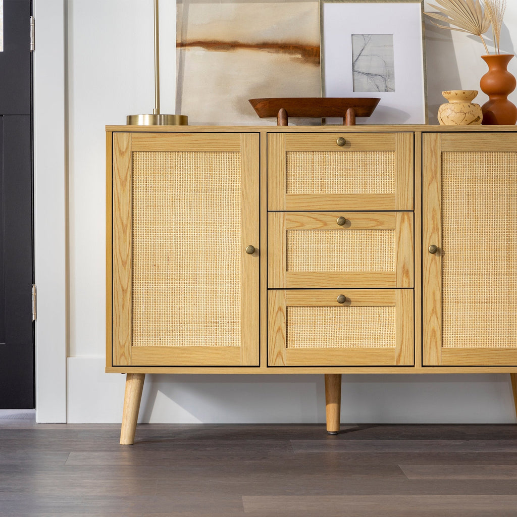 Boho 3 Drawer Solid Wood and Rattan Sideboard