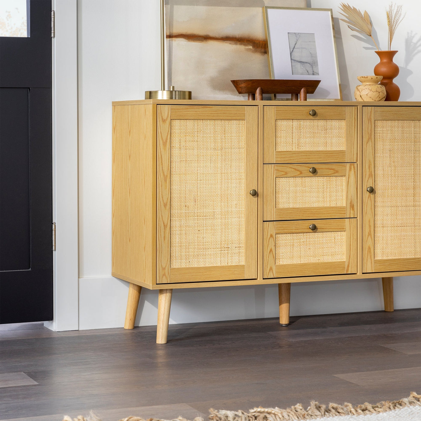 Boho 3 Drawer Solid Wood and Rattan Sideboard