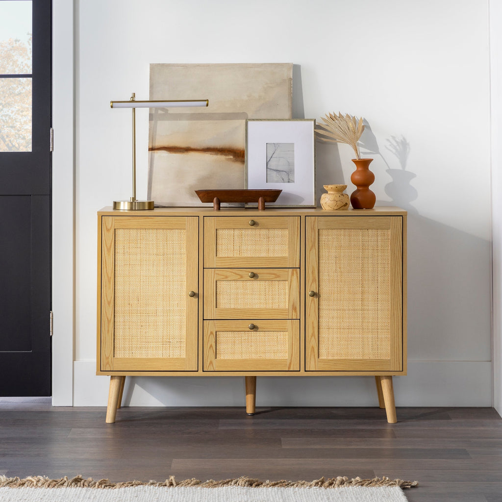 Boho 3 Drawer Solid Wood and Rattan Sideboard