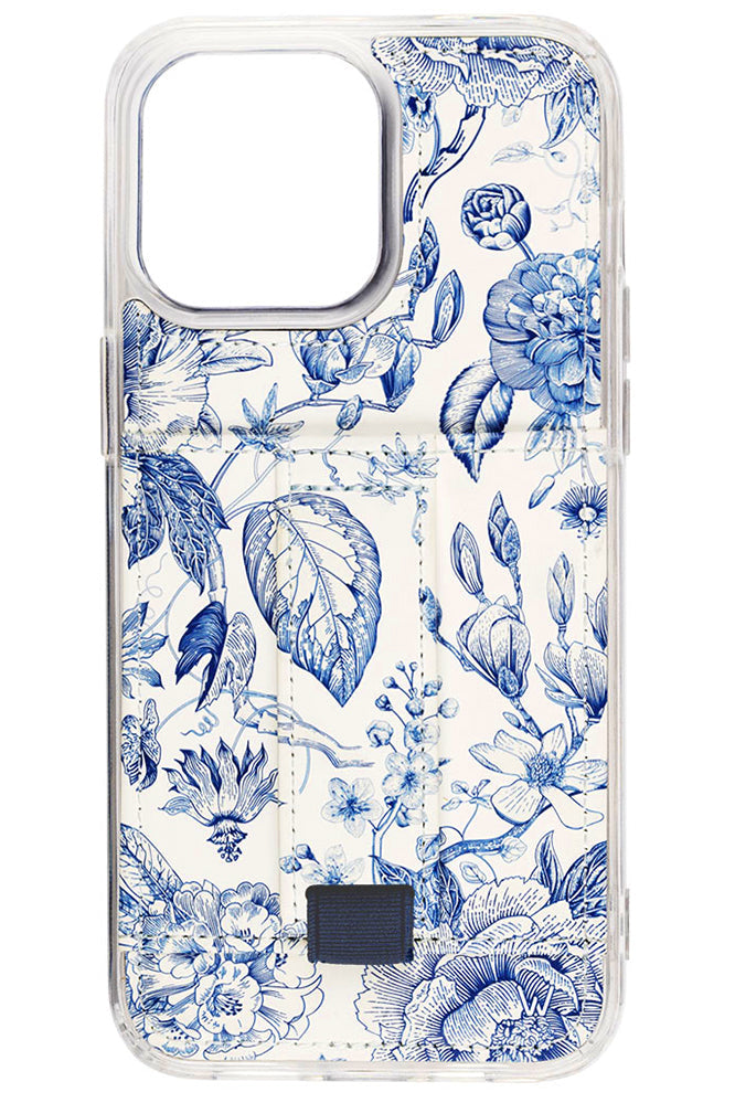 a phone case with a blue and white floral design