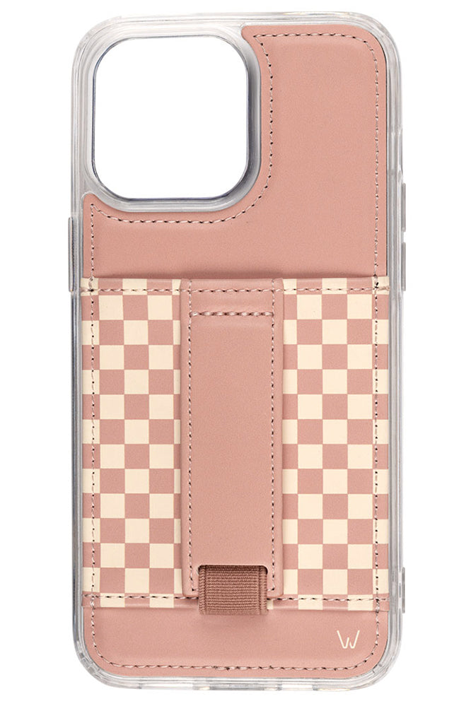 a cell phone case with a pink and white checkered pattern