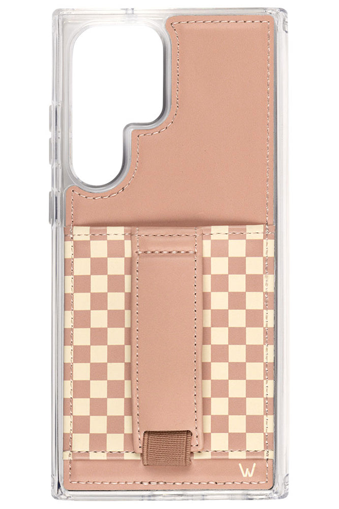 a phone case with a pink and white checkered pattern