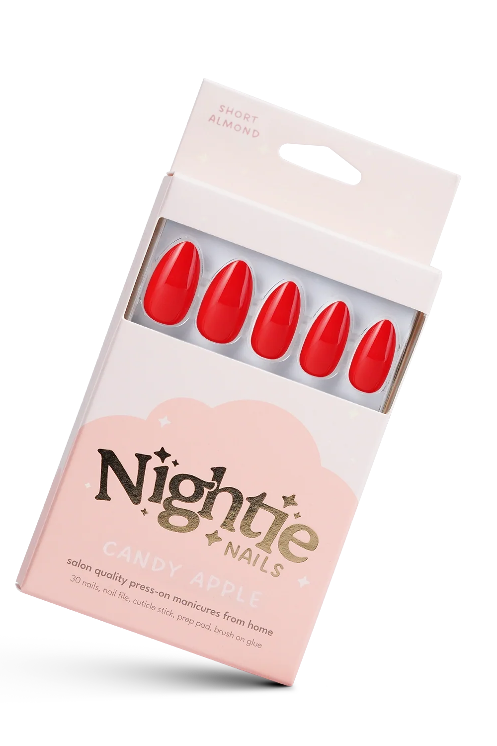 Pack of red press-on nails with 'Nightie Nails' branding on a white background