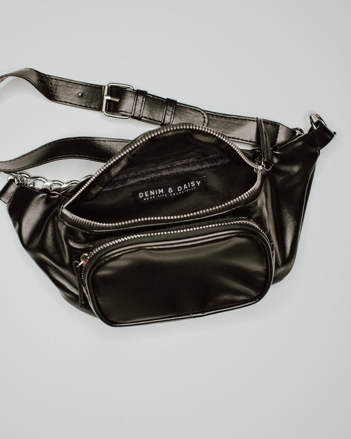 Black leather chain fanny pack best sale