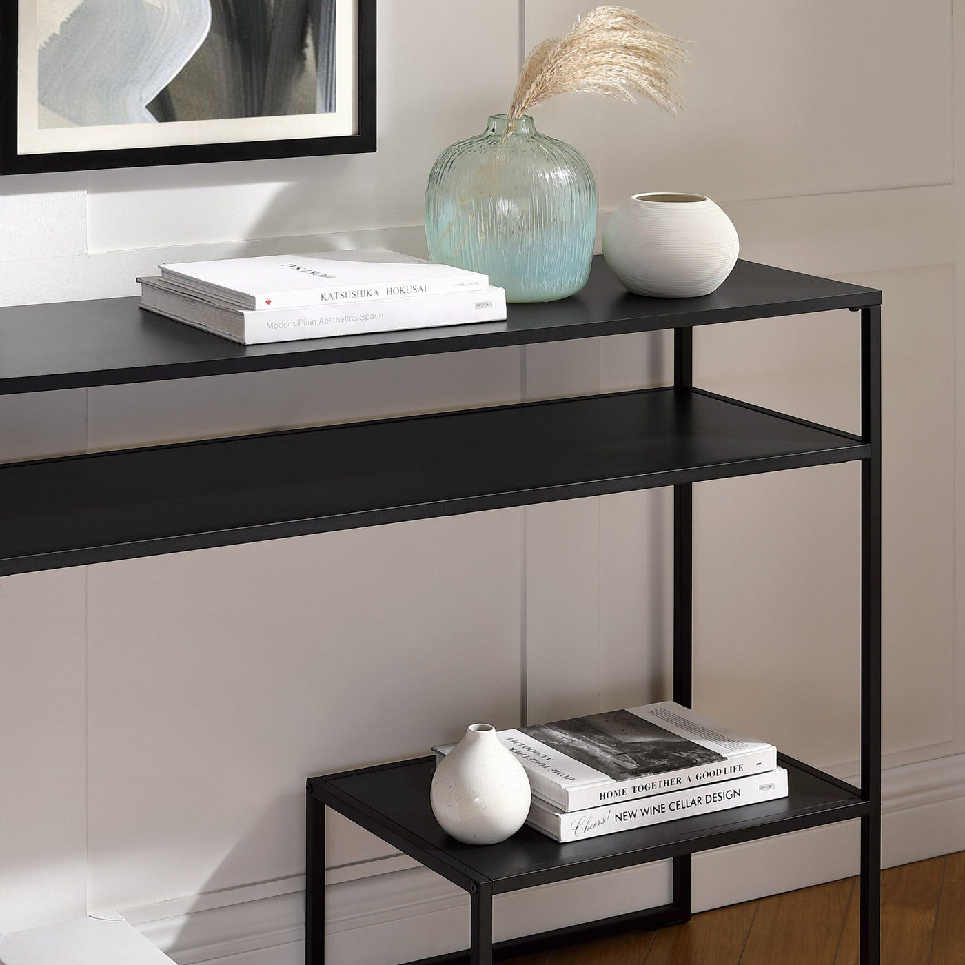 Fasi 42" Metal and Wood Entry Table with Tiered Shelves