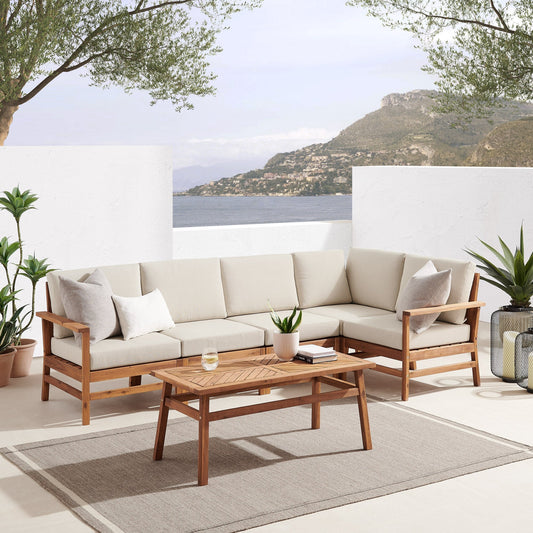 6-Piece Modern Chevron Acacia Outdoor Corner Sectional with Coffee Table