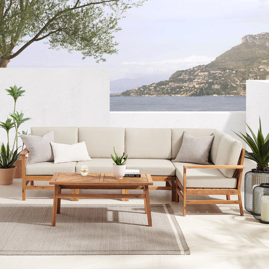 6-Piece Modern Chevron Acacia Outdoor Corner Sectional with Coffee Table