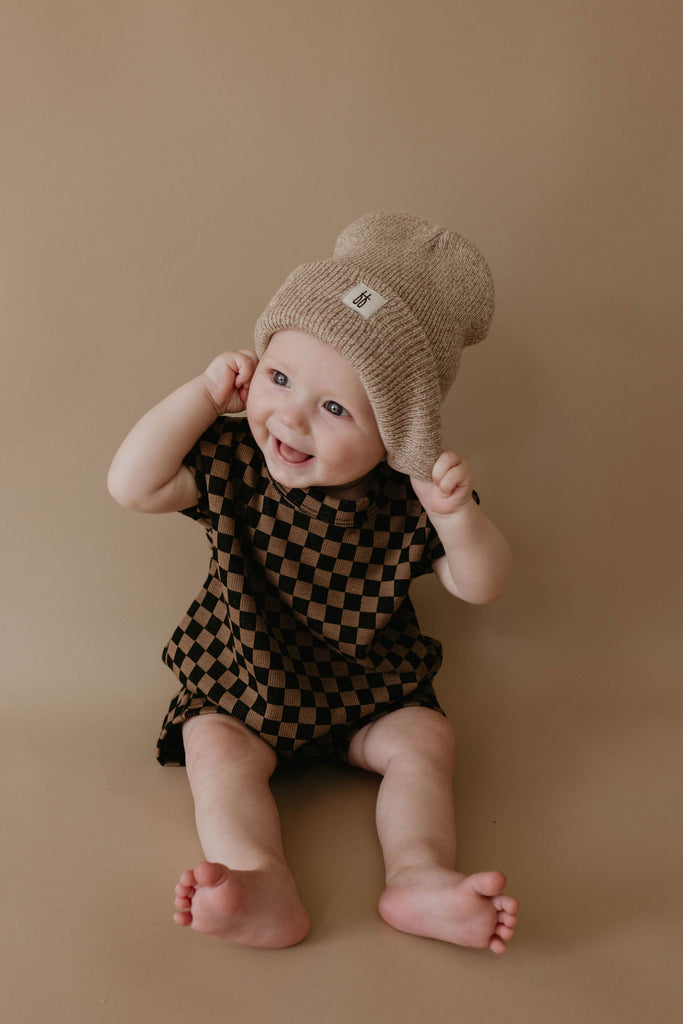 Black & Brown Checkerboard | Short Sleeve Ribbed Romper