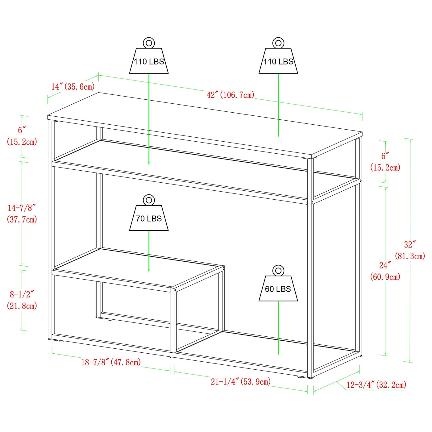 Fasi 42" Metal and Wood Entry Table with Tiered Shelves