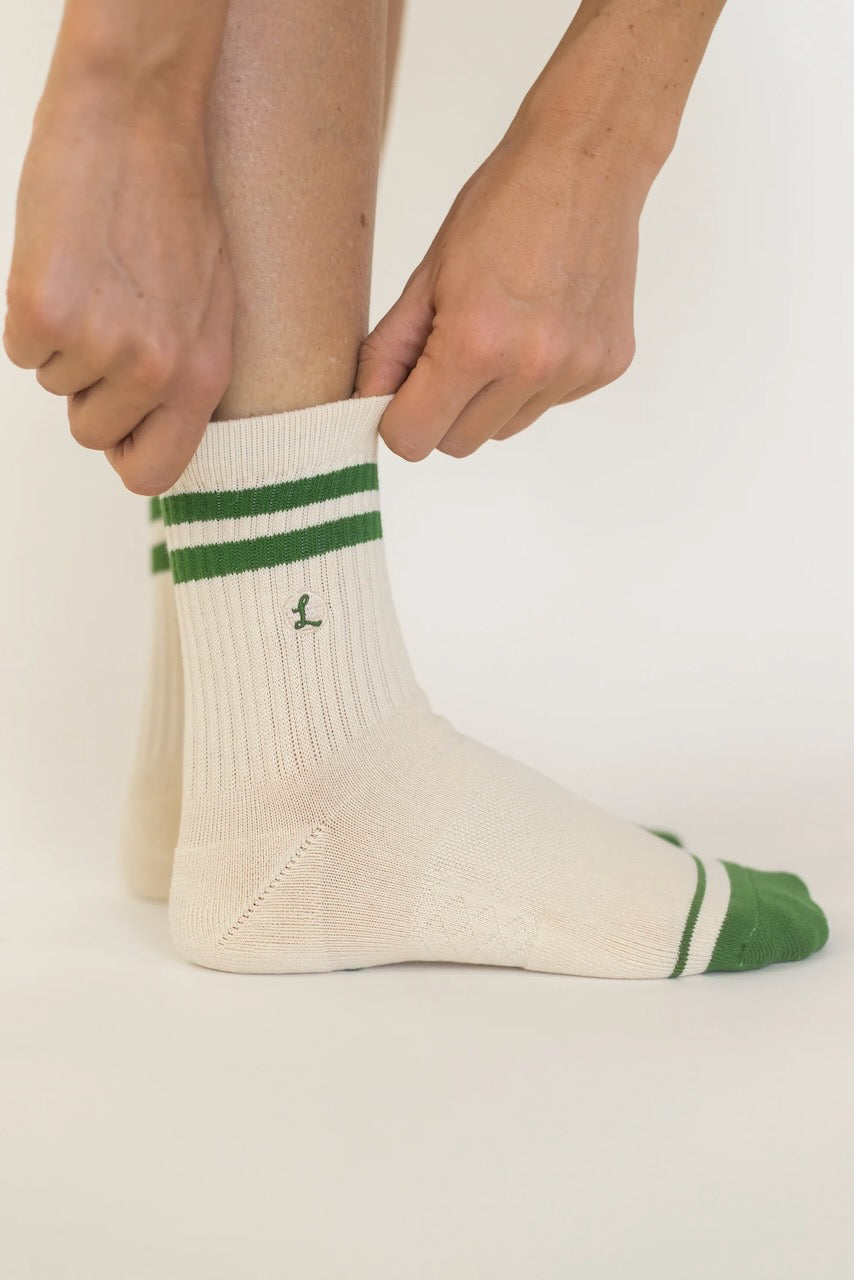 Cream Socks with Green Stripes | ROOLEE