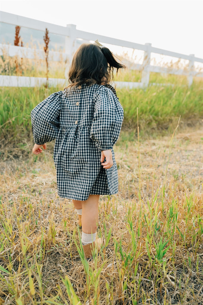 Gingham Long Sleeve Ruffle Linen Dress