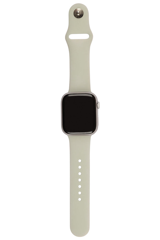 a white smart watch with a black screen