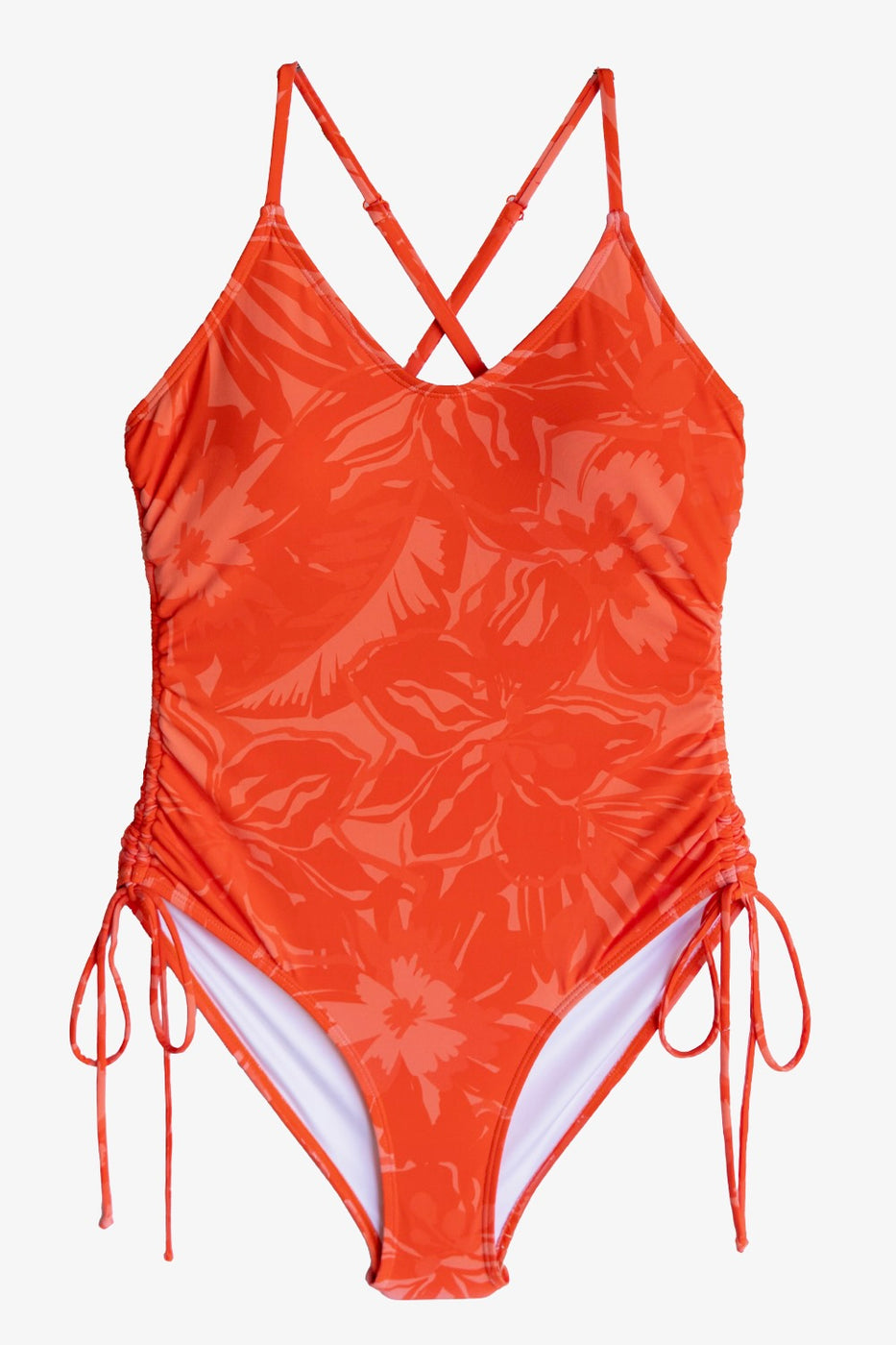 a red swimsuit with a flower pattern