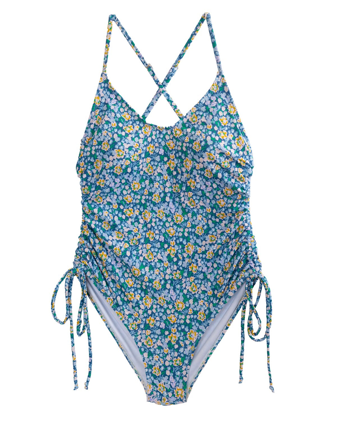 a blue and white swimsuit with a cross back