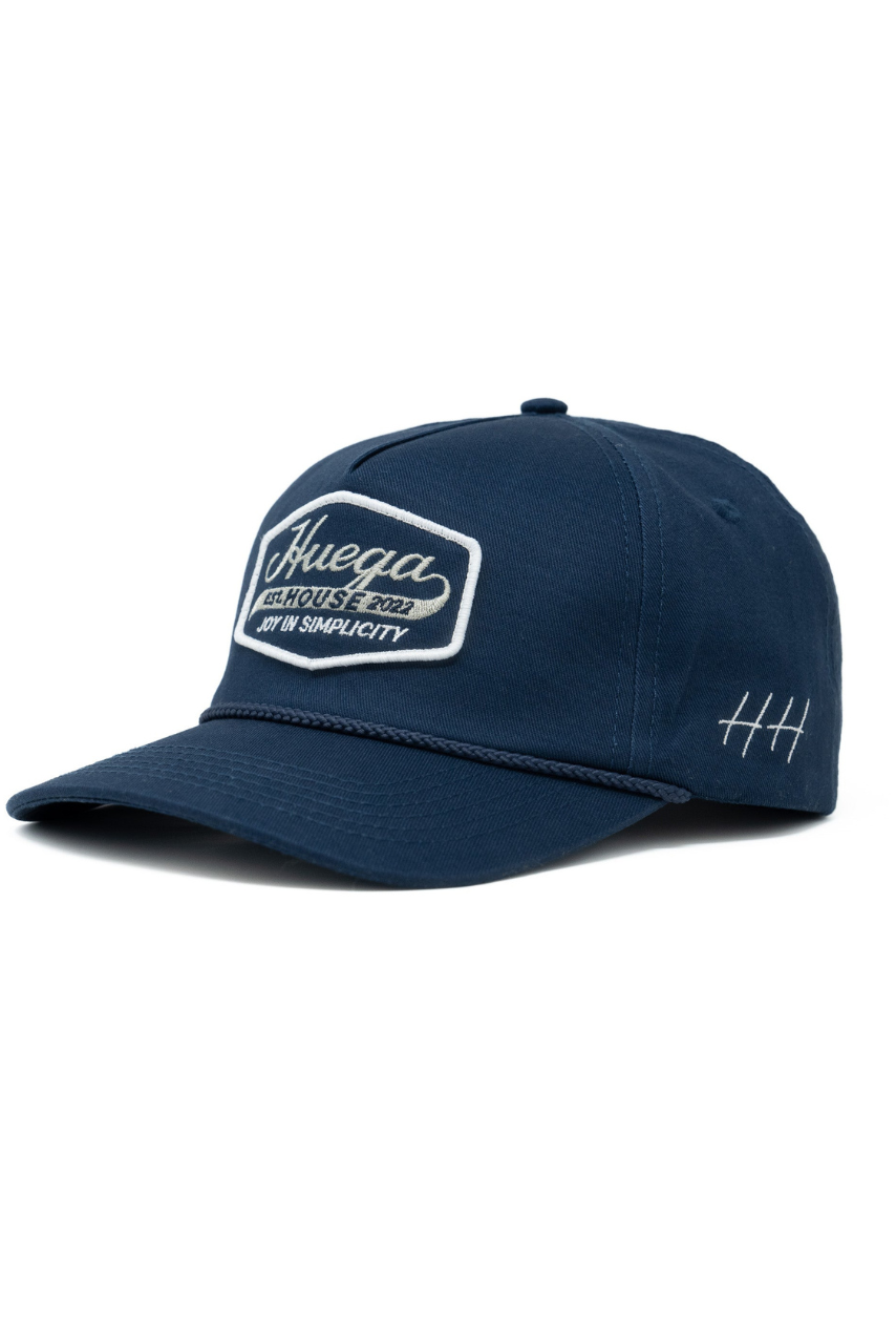 a blue hat with white text on it