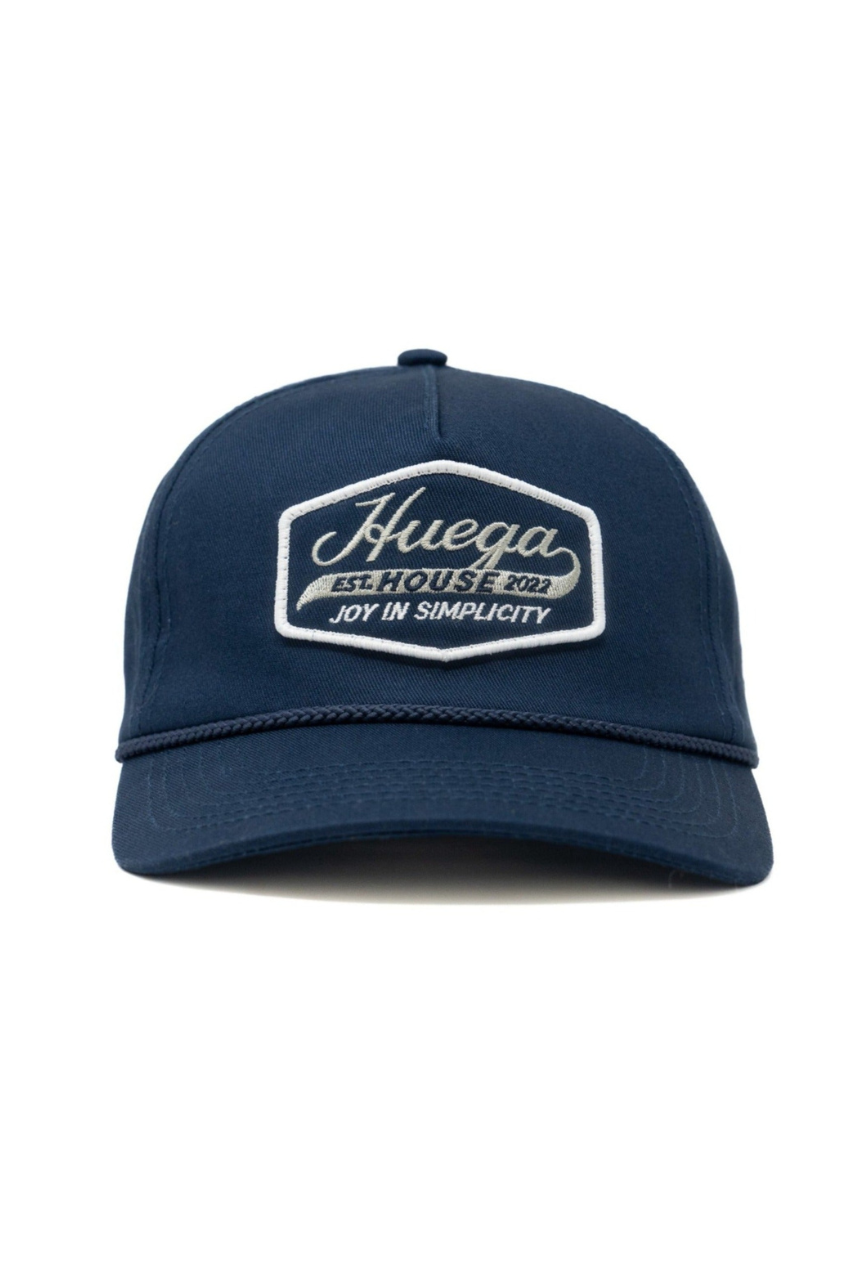 a blue hat with white text on it