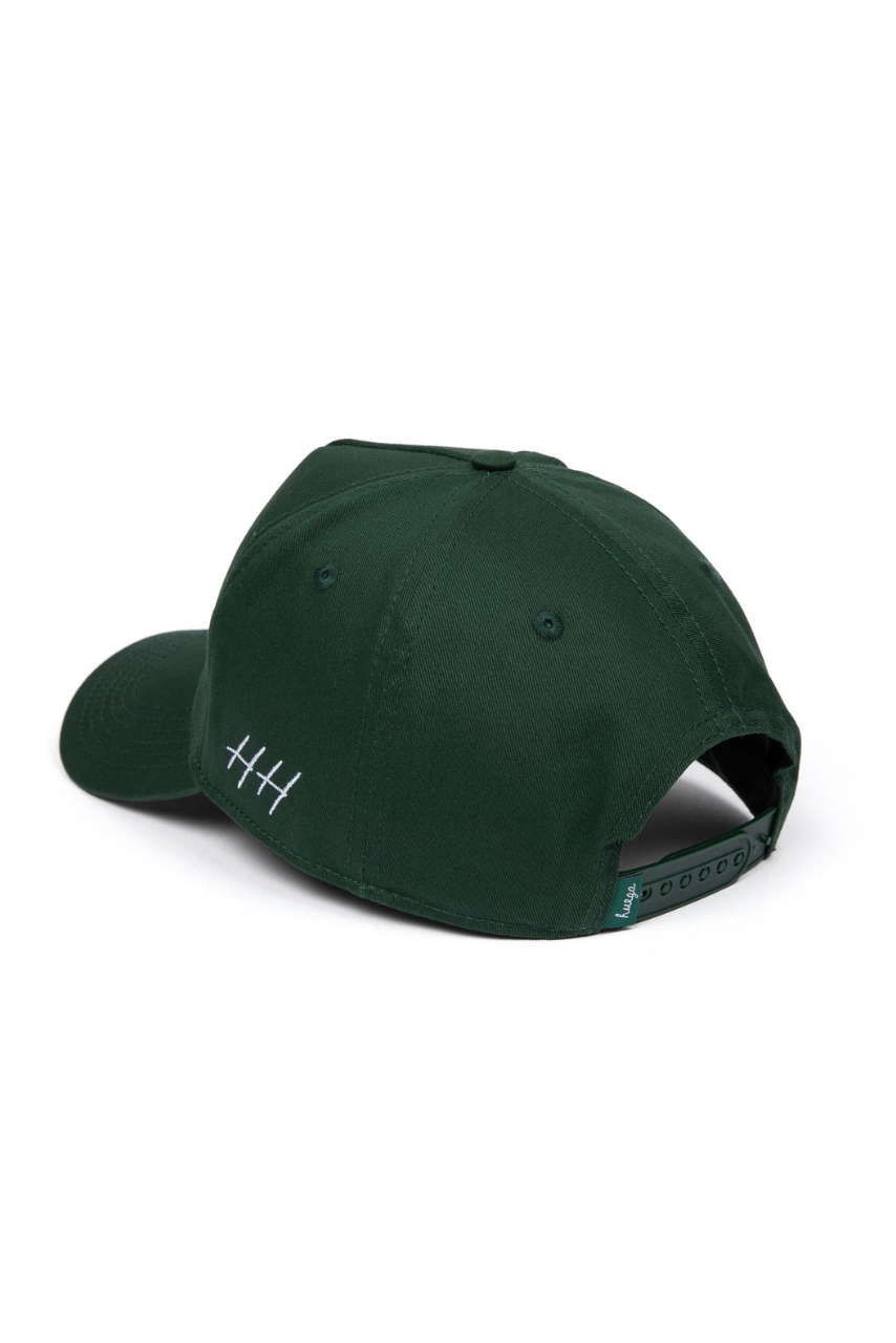 a green baseball hat with white stitching