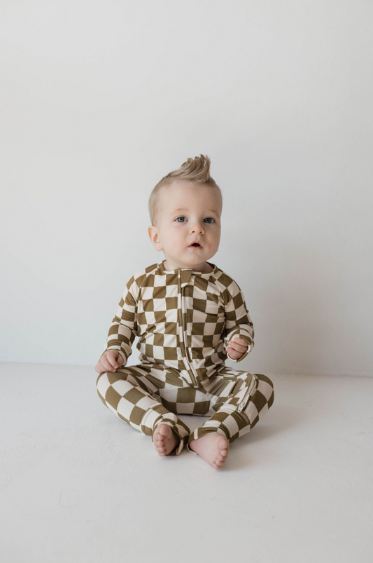 Bamboo Zip Pajamas | Olive checker