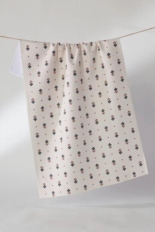 Geometry Folk Pixel White Tea Towel