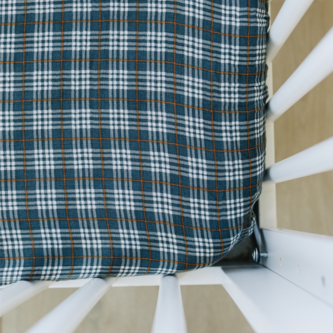 Navy Plaid Muslin Crib Sheet