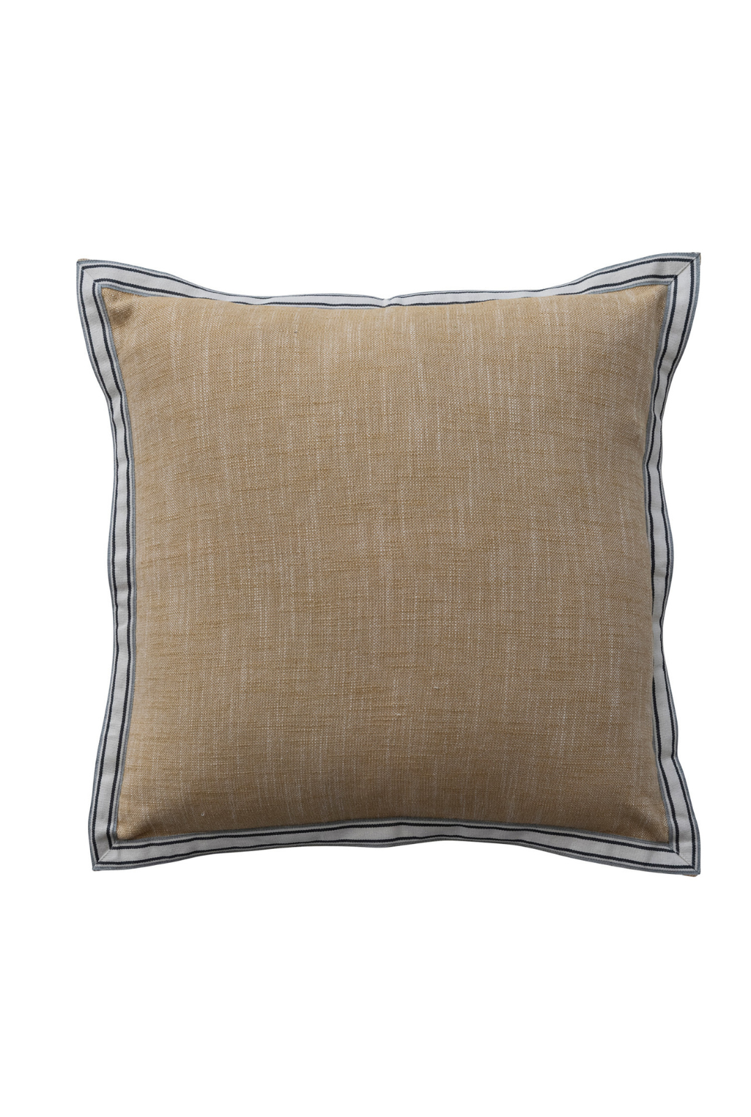Beige pillow with black trim on a white background