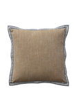 Beige pillow with black trim on a white background