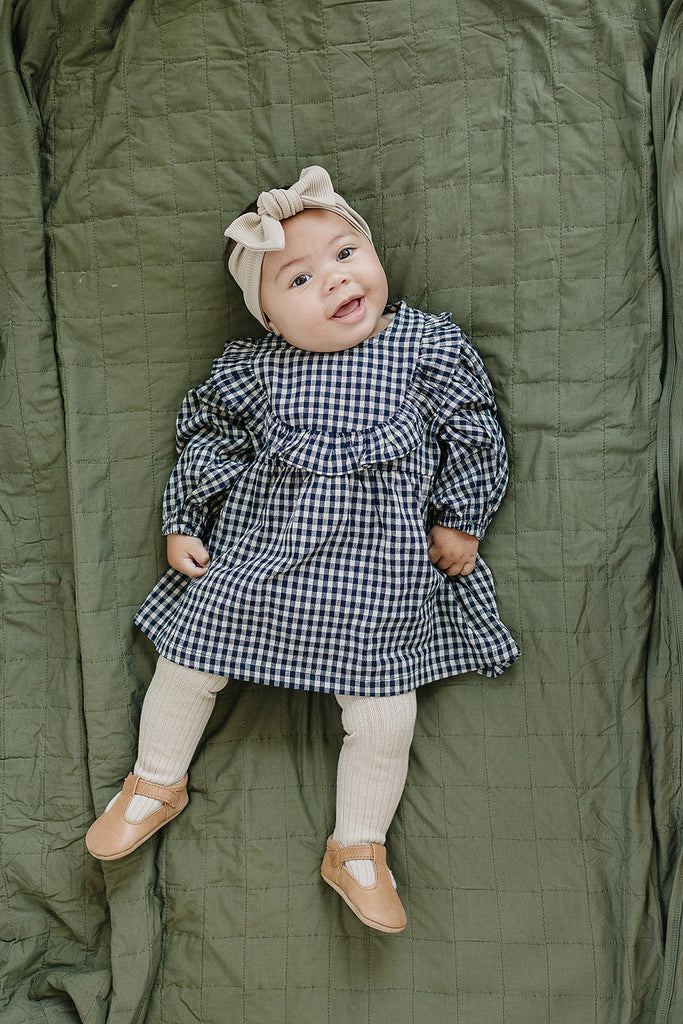 Gingham Long Sleeve Ruffle Linen Dress