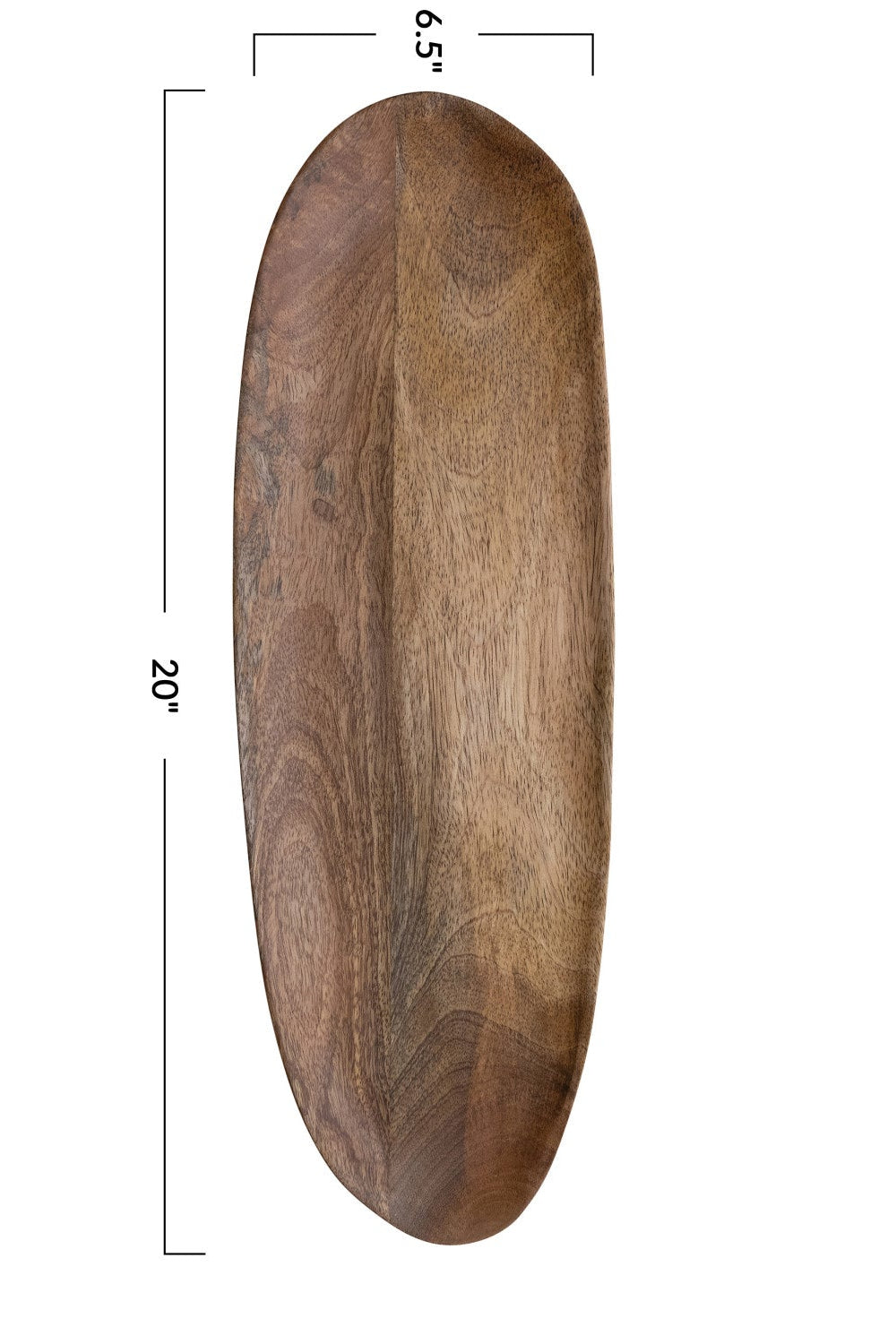 Wooden oval tray with dimensions on a white background