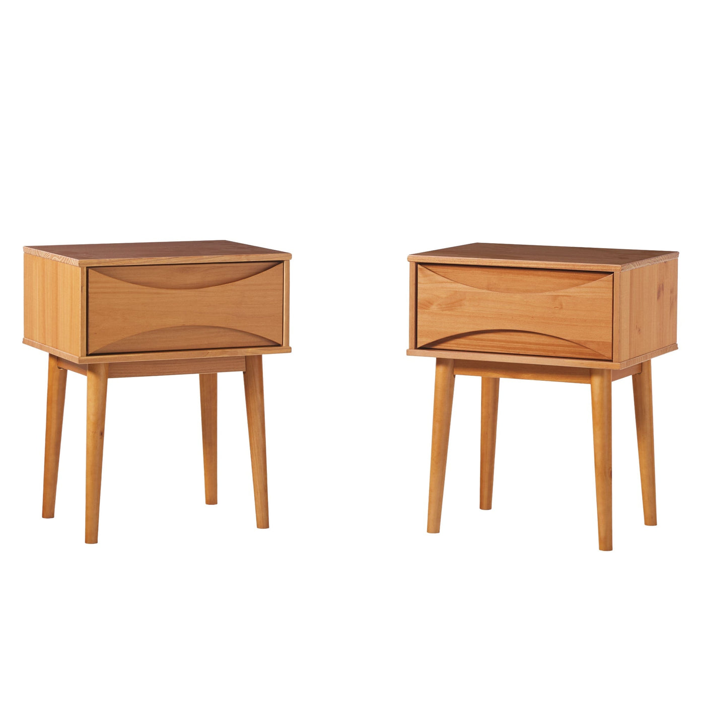 a pair of wooden nightstands