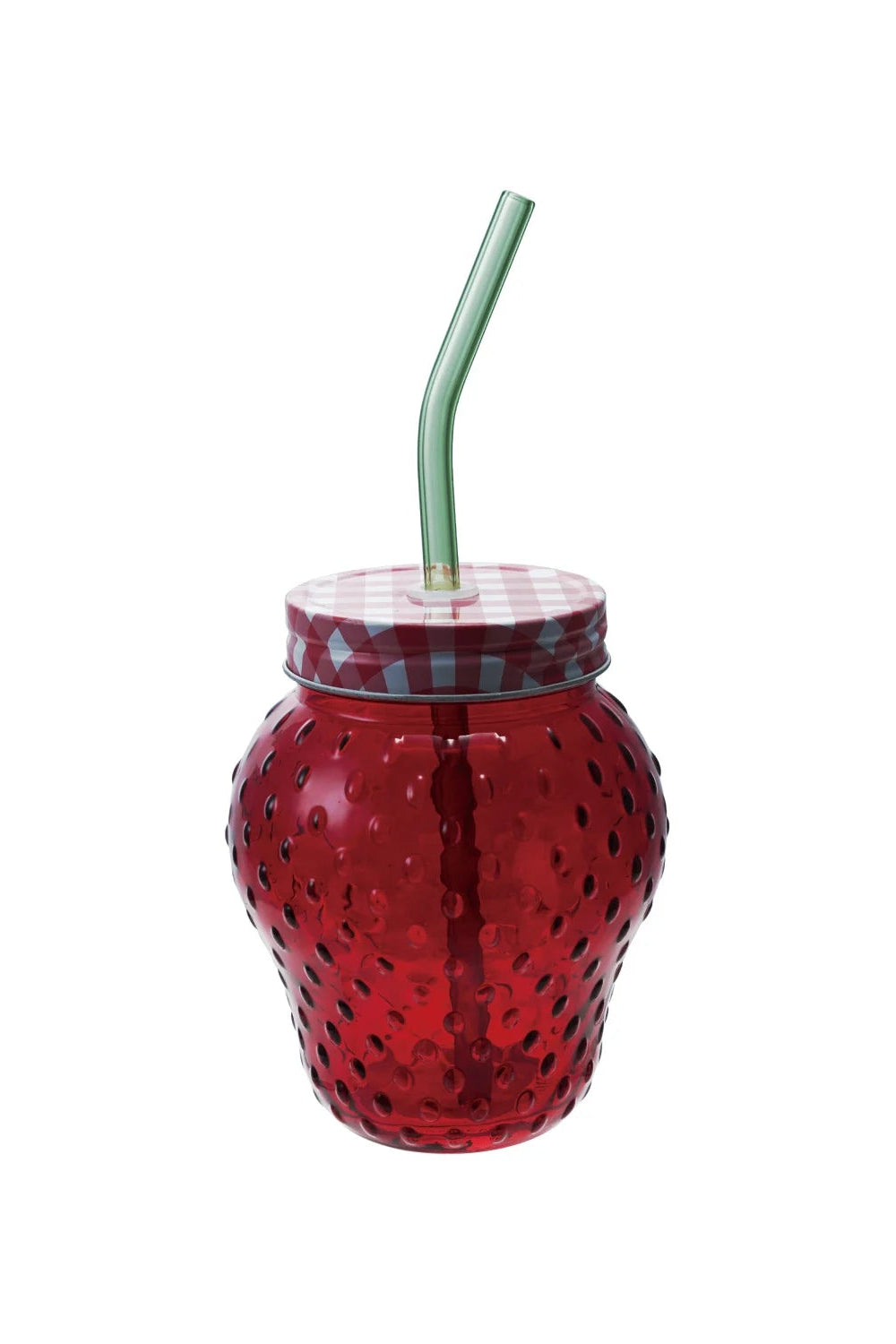 Red perforated tumbler with a green straw on a white background