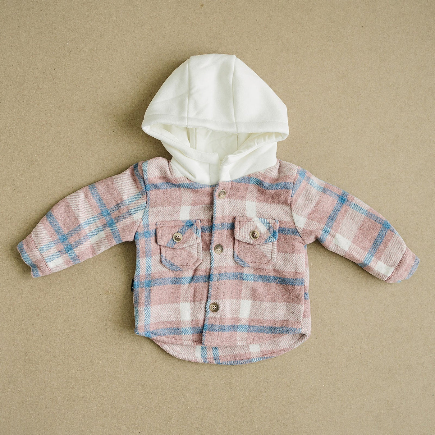 a pink and white plaid jacket with a hood