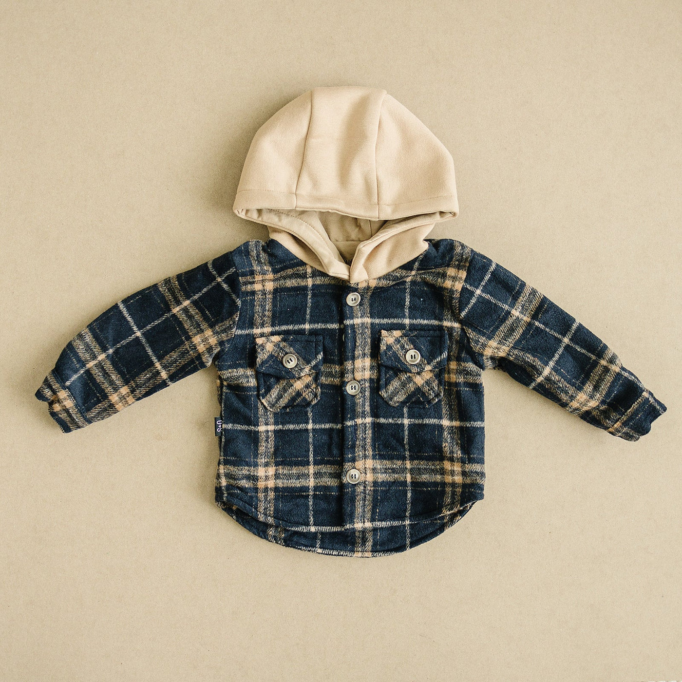 a blue and white plaid shirt with a hood