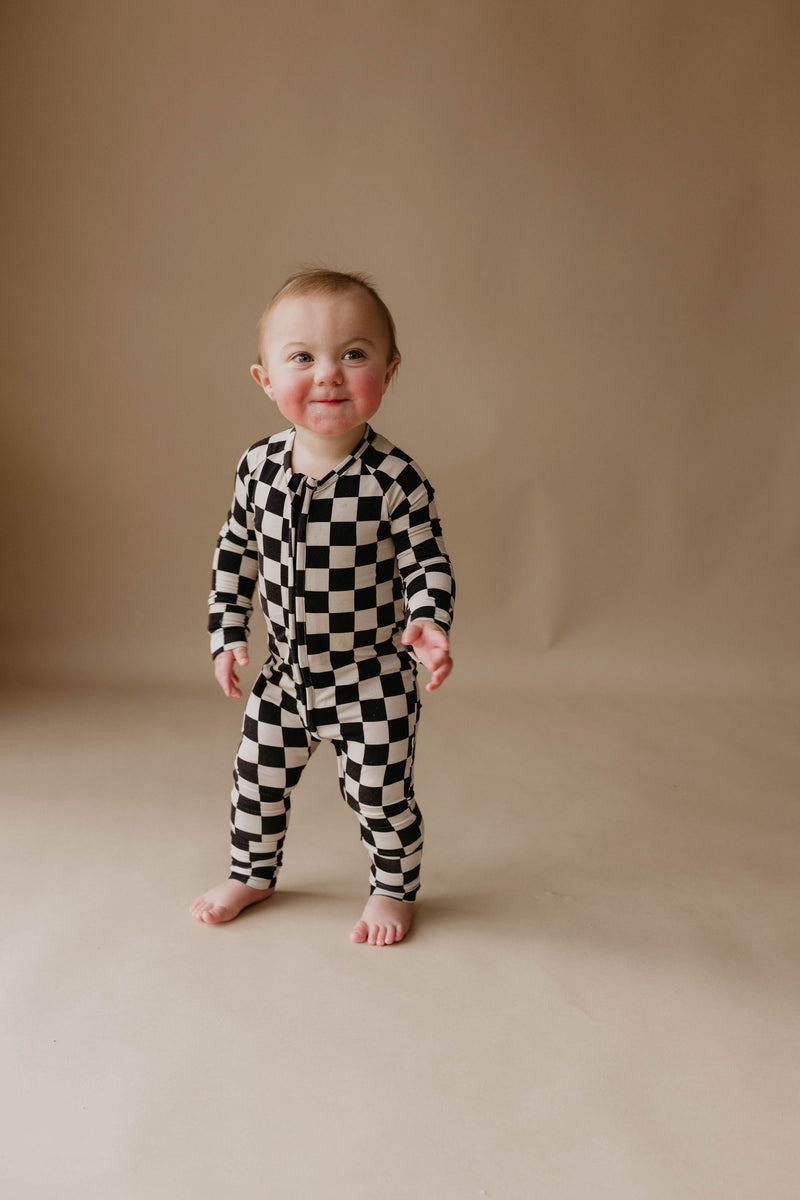 Black Checker | Bamboo Zip Pajamas – ROOLEE
