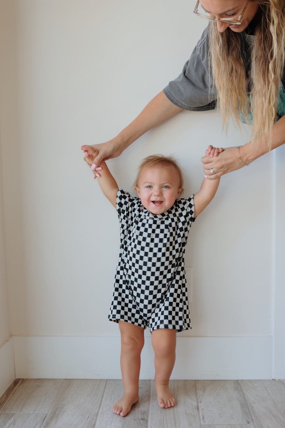 Short Sleeve Ribbed Romper | Black & Grey Checkerboard