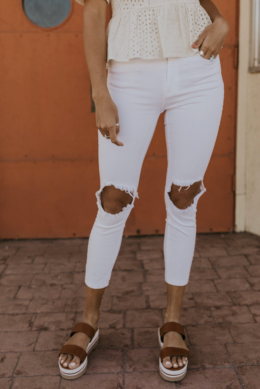 Free People High Rise Busted Skinnies in White | ROOLEE