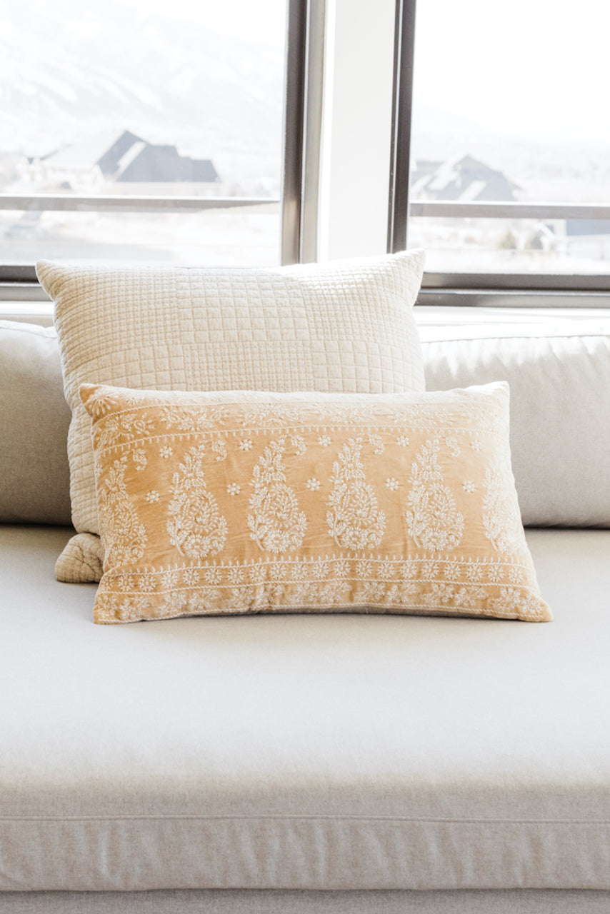 Faded Mustard Embroidered Velvet Pillow | ROOLEE