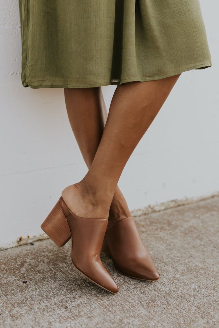 Brown leather high heeled mules | ROOLEE