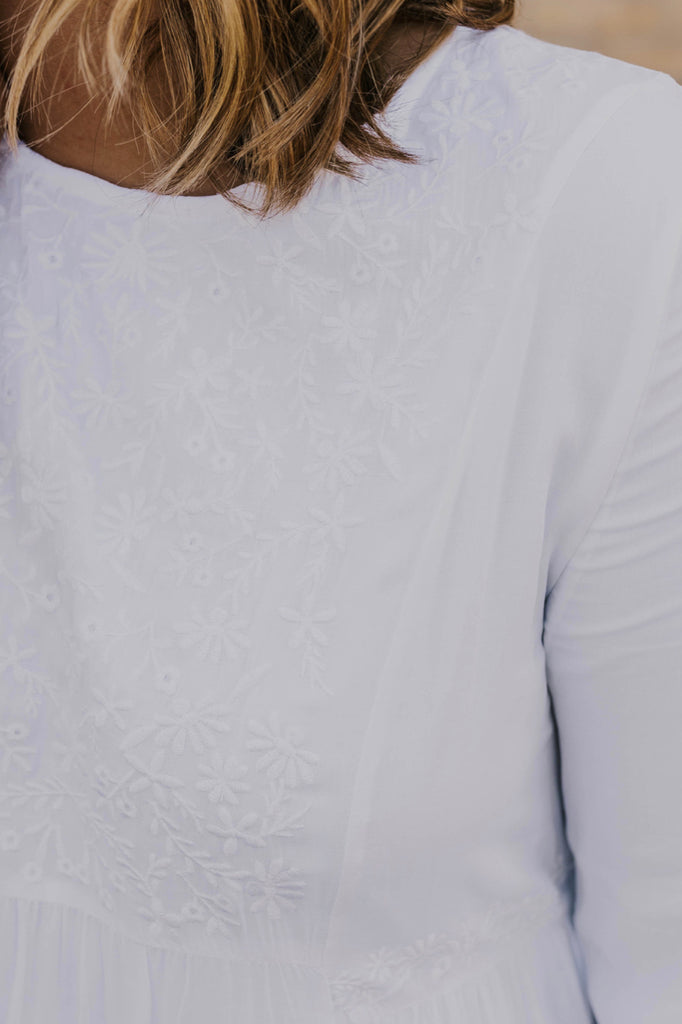 White Long Sleeve Embroidered Maxi | ROOLEE