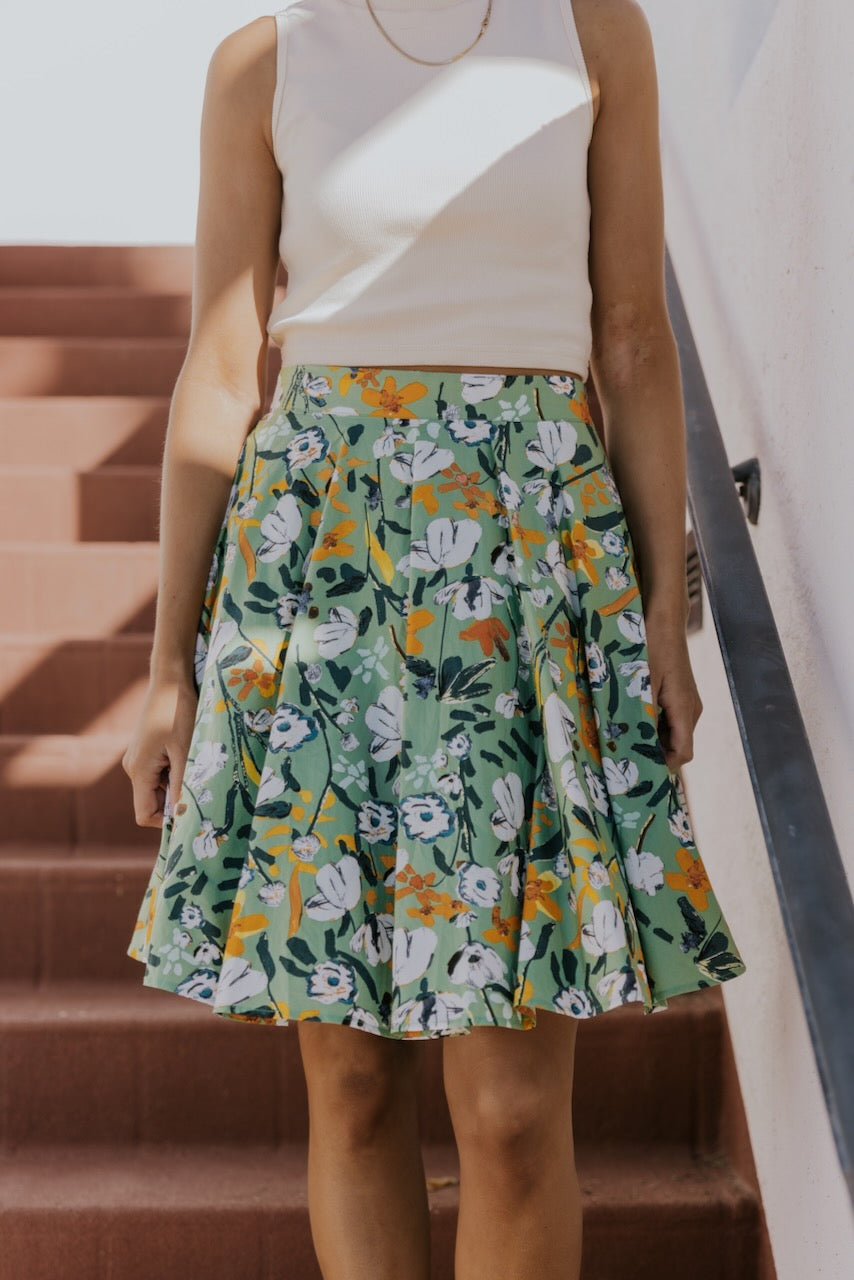 Green Floral Skirt - Women's Knee Length Skirts | ROOLEE