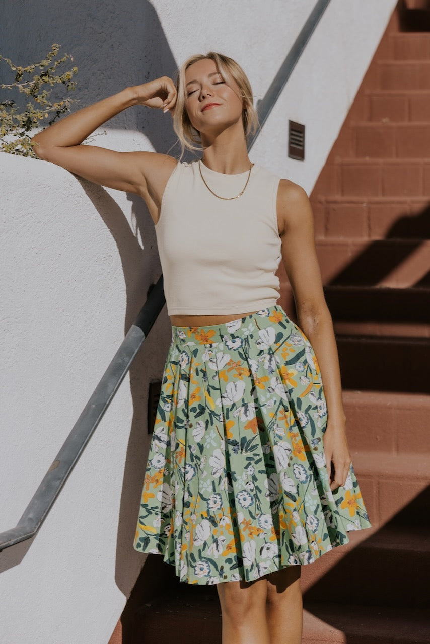 Green Floral Skirt - Women's Knee Length Skirts | ROOLEE