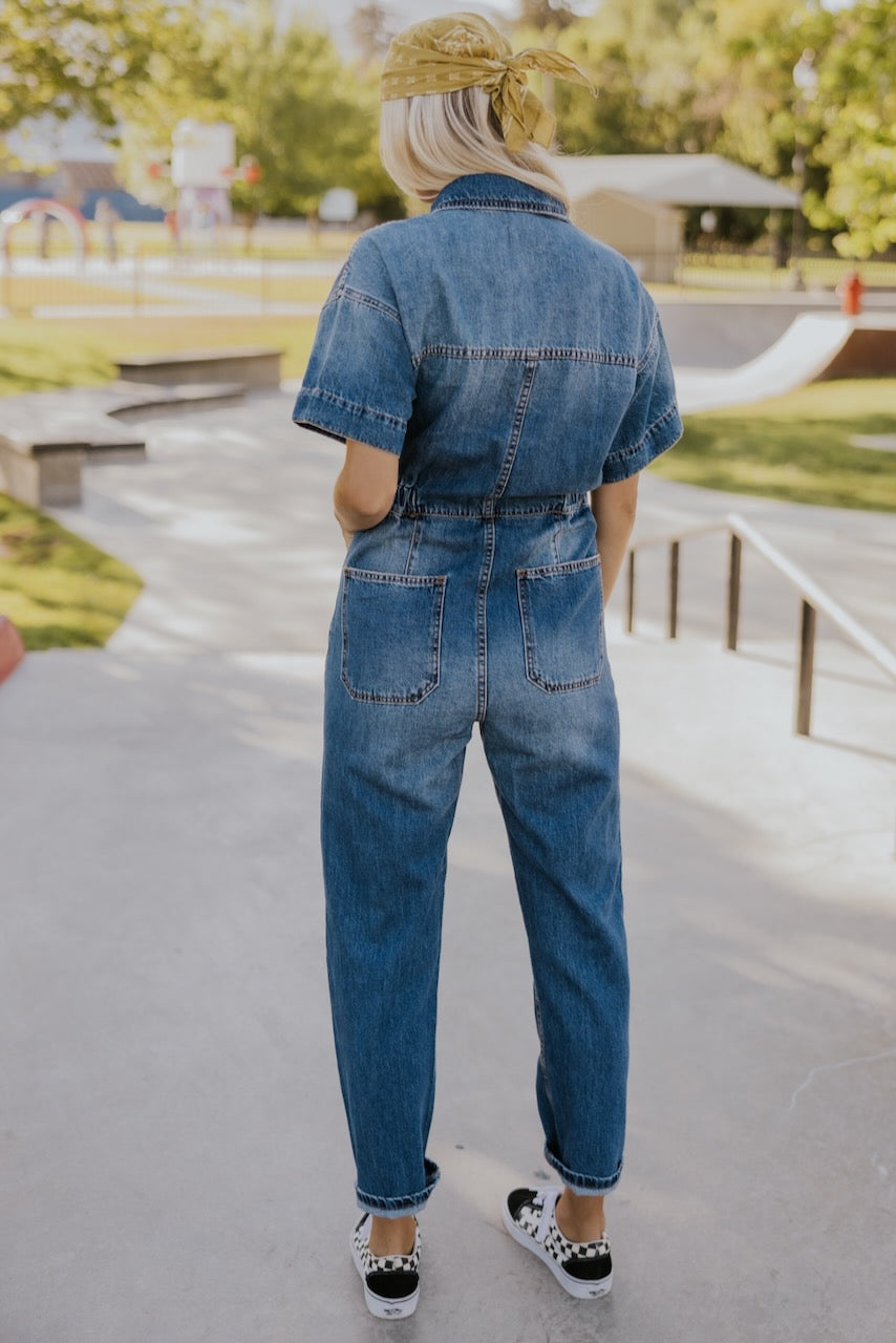 Soft Short Sleeve Denim Jumpsuit, Jeans