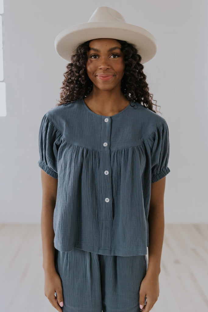 Blue Button Tops For Women | ROOLEE