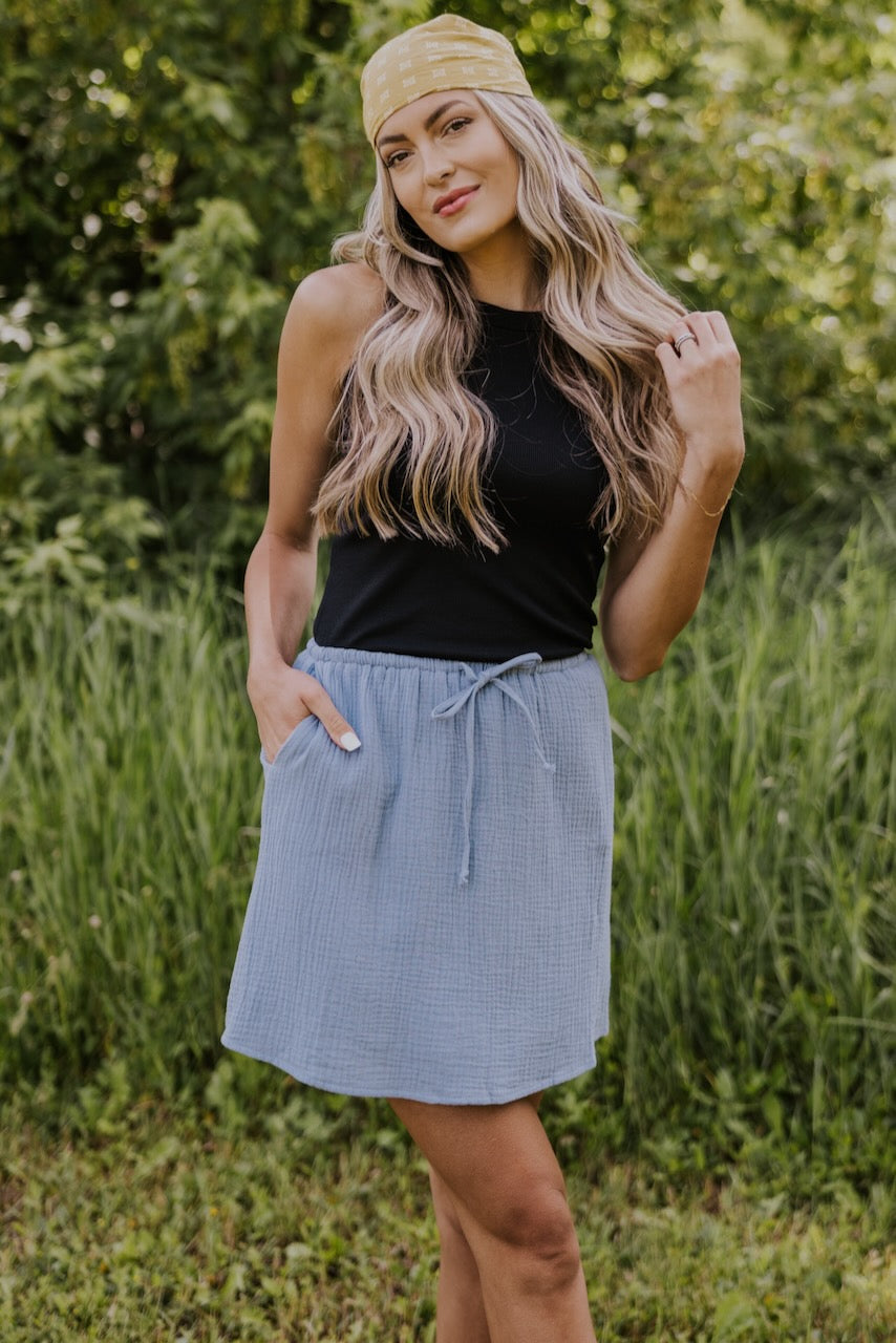 Blue Textured Mini Skirt - Women's Skirts for Summer | ROOLEE